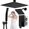 [US Local Warehouse] Mixer Shower W/ 12in Ceiling Mount 6in Wall Mount Showers Head Ceiling Mounted Shower System Combo Set Push Button Diverter with 2 in 1 Handheld for Bathroom and Hotel
