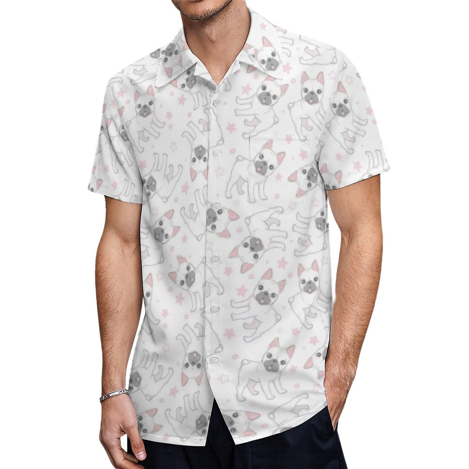 Cute French Bulldog Puppy Dog Frenchie Pattern Hawaiian Shirt Mens Button Down Tropical Hawaii Beach Shirts