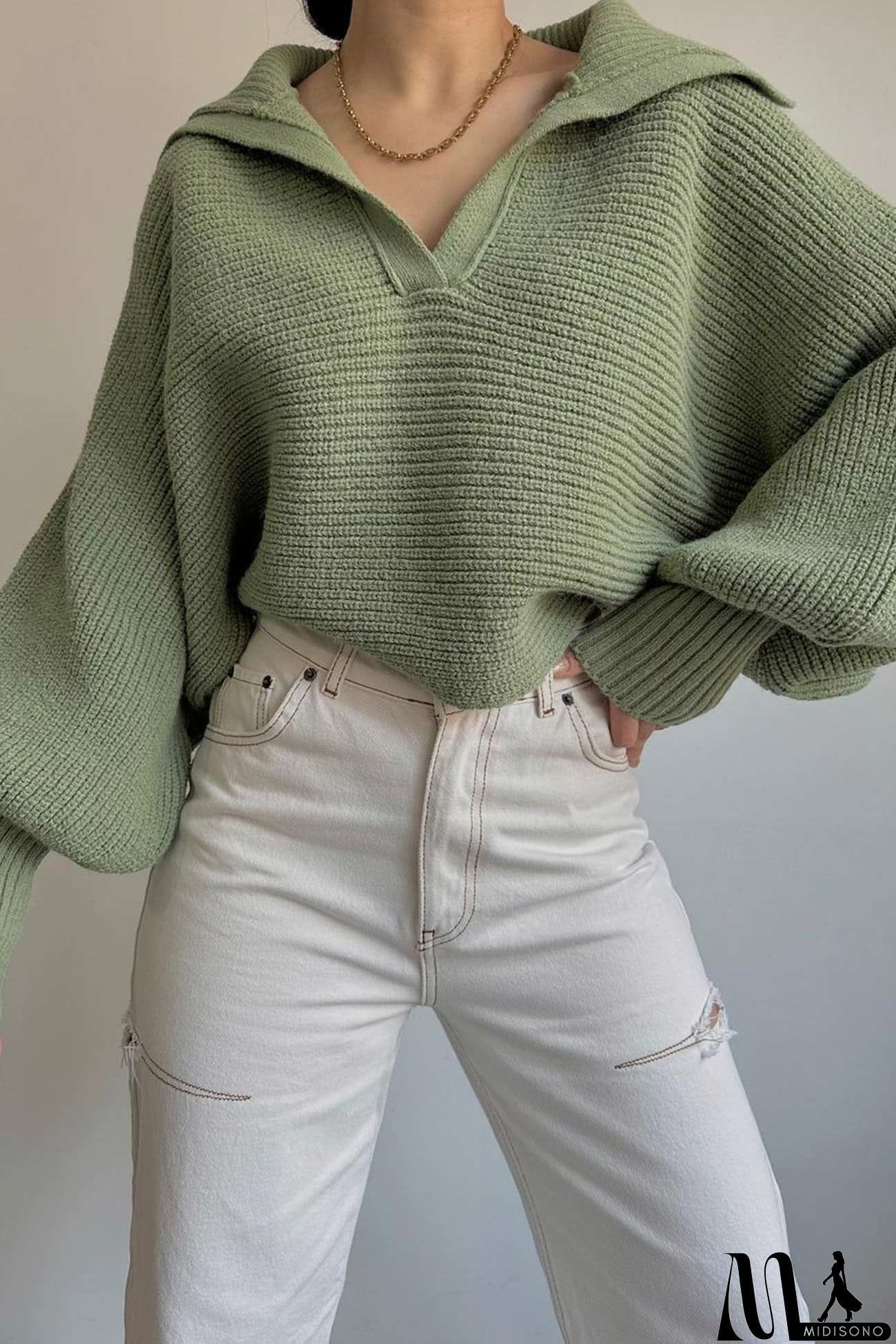 MidiSono - Lapel V Neck Puff Sleeve Sweater