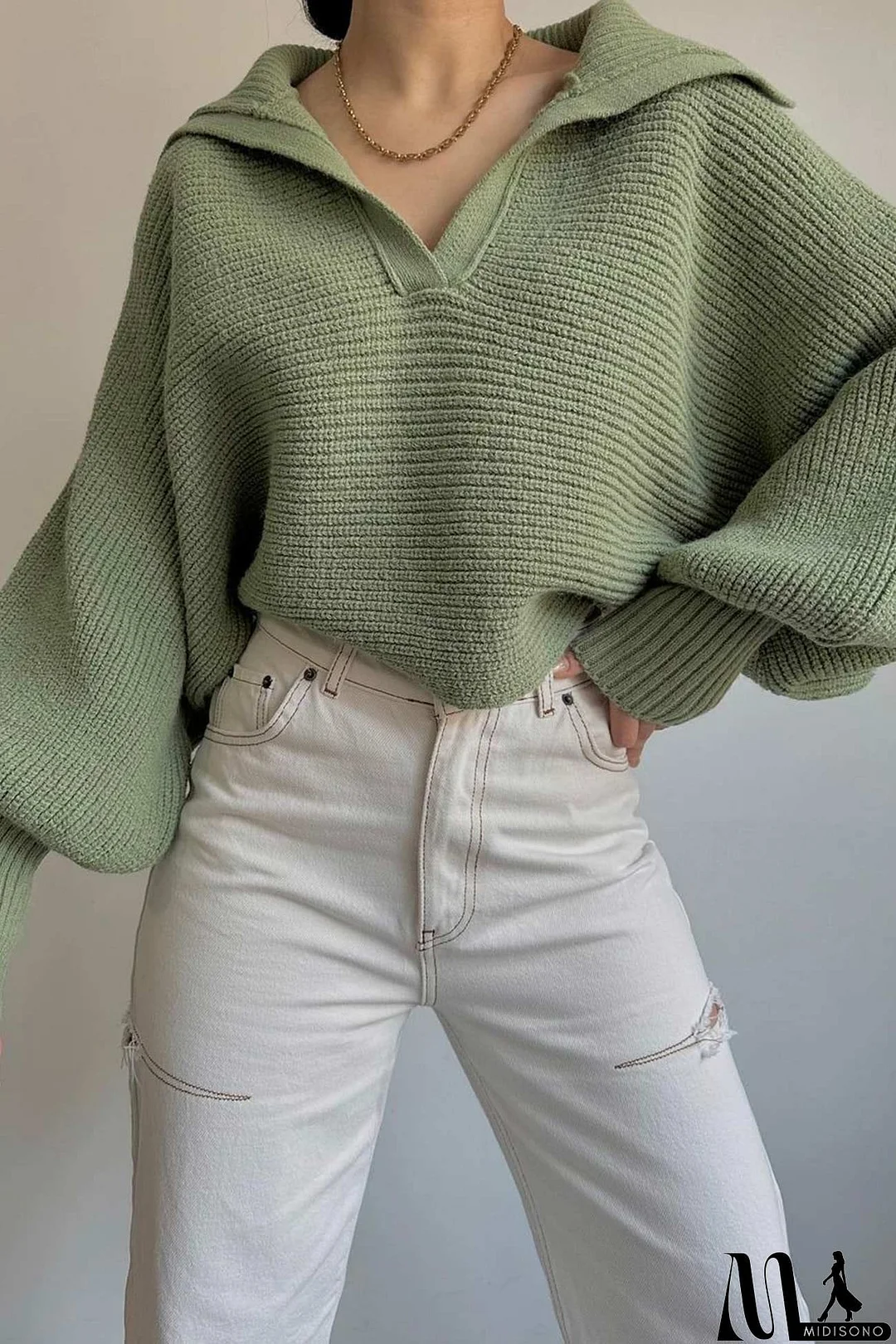 MidiSono - Lapel V Neck Puff Sleeve Sweater