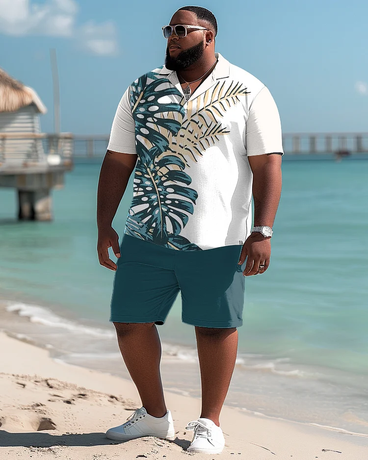 Men's Plus Size Hawaiian Simple Tropical Flora Print Polo Shirt Shorts Suit