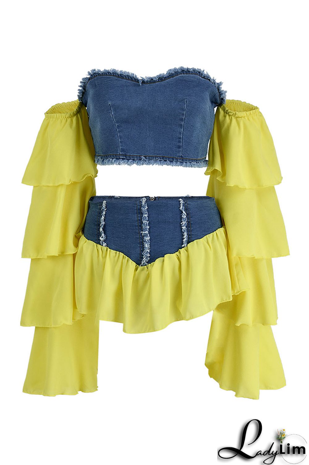 Yellow Fashion Sexy Patchwork Backless Off the Shoulder Long Sleeve Two Pieces