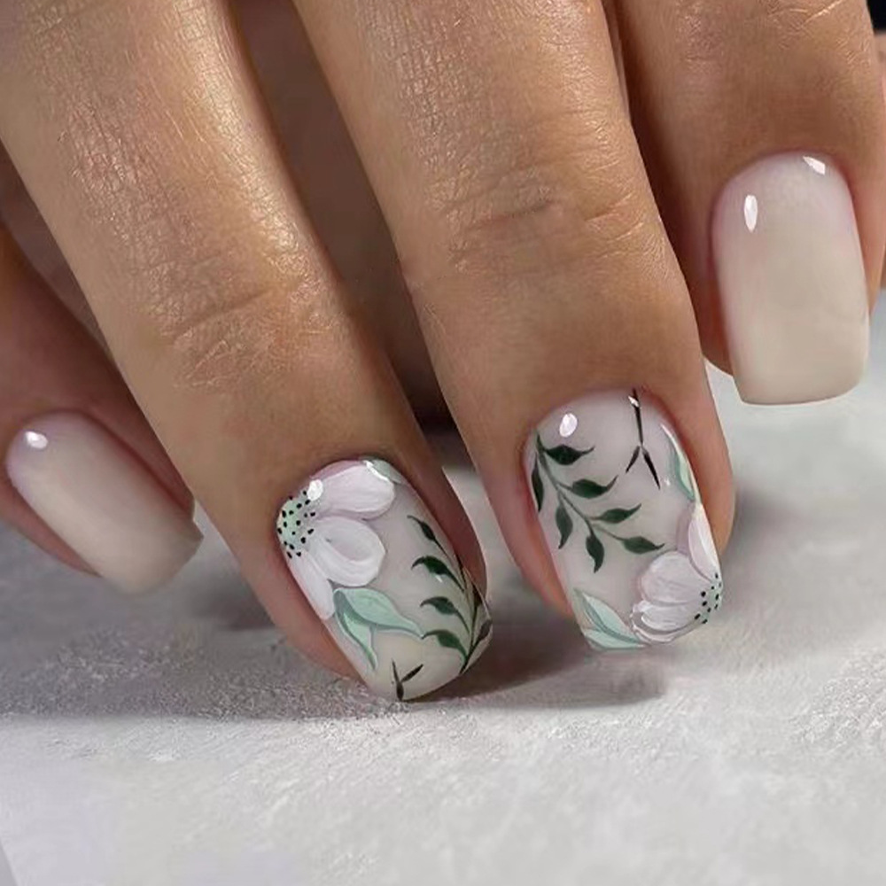 Qinice 24Pcs Simple Blue Fake Nail with Green Leaves Design Short Square Head False Nails Wearable Acrylic Finsied Press on Nails