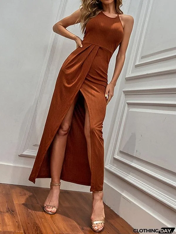 High Waisted Sleeveless Backless Solid Color Split-Front Halter-Neck Midi Dresses