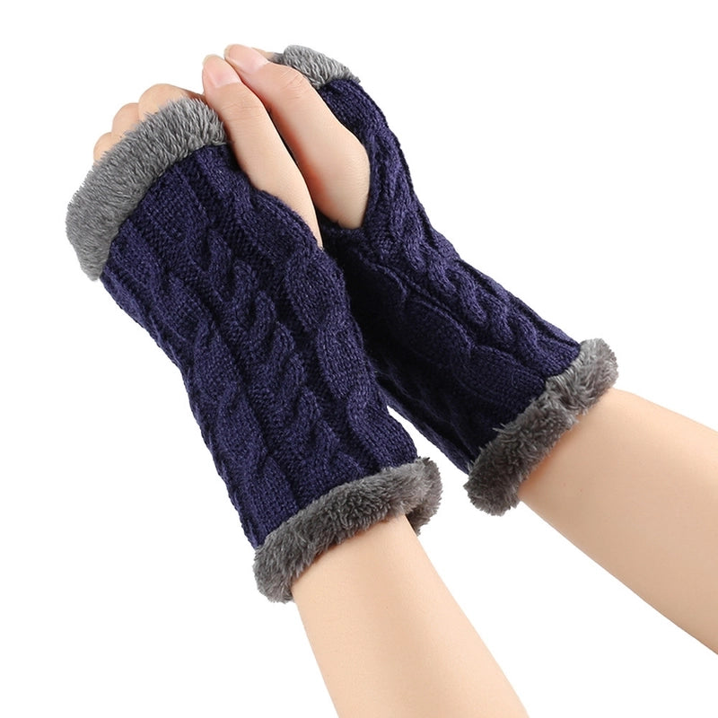 New Autumn And Winter Fleece-lined Wool Gloves Twist Knitted Finger Leakage Plush Oversleeve Warm Thickened Wool Gloves