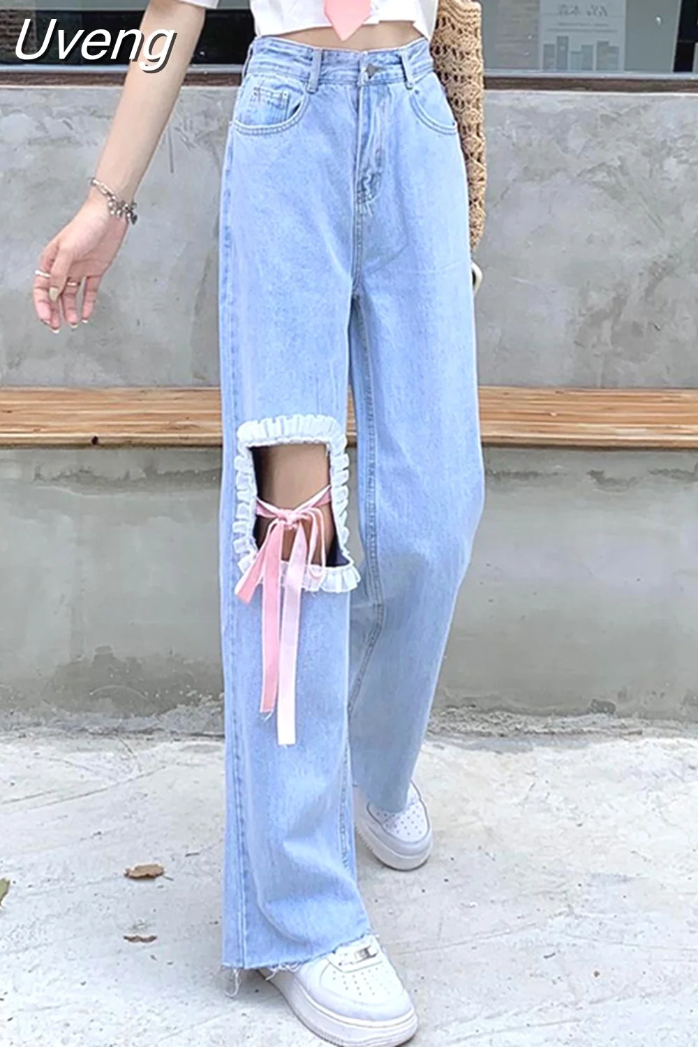 Uveng Women Ripped Jeans Korean Bow Tie Bandage Loose Wide Leg Pants Summer Fashion Female All Match Student Denim Trousers