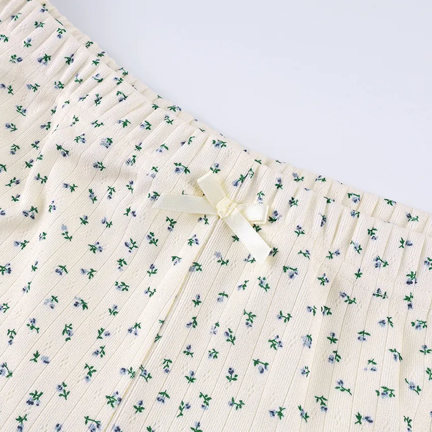 Ditsy Floral Ribbed Long Sleeve & Shorts Matching Loungewear Set