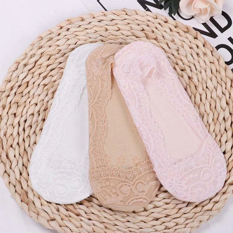 Summer women girl Silica Gel Lace Boat Socks Invisible Cotton Sole Non-slip Antiskid Slippers Anti-Slip Sock 3pair=6pcs