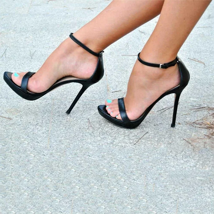 Sexy Ankle Strap Stiletto Heels Open-Toe Black Sandals for Women |FSJ Shoes