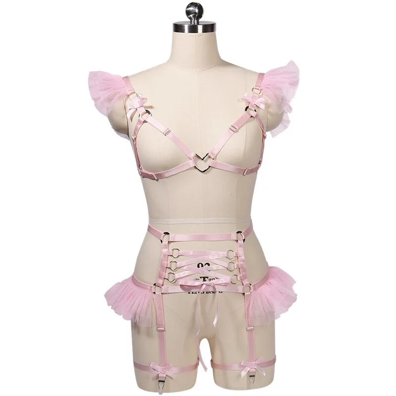 Billionm Sexy Lingerie Body Cage Pastel Punk Harness Belt Woman Pink Bow Chiffon Bra Kawaii Open Bust Top Bondage Ruffle Tutu Garter 2022