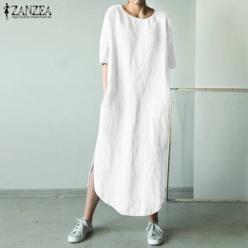 2021 ZANZEA Women O Neck Short Sleeve Sundress Summer Solid Cotton Linen Dress Split Long Vestido Female Robe Casual Party Dress