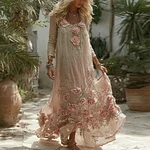 Women's Vintage Pink Rose Embroidered Linen Dress - Image 2