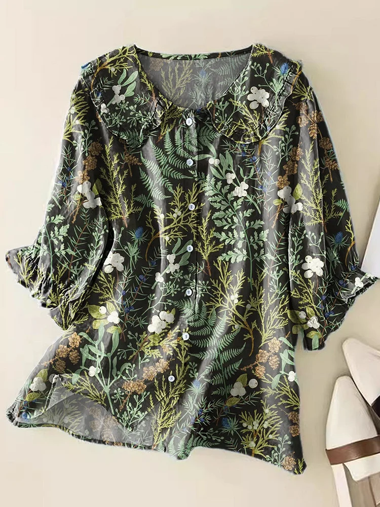 Women's Lovely Floral Art Print Casual Peter Pan Collar Cotton Shirt