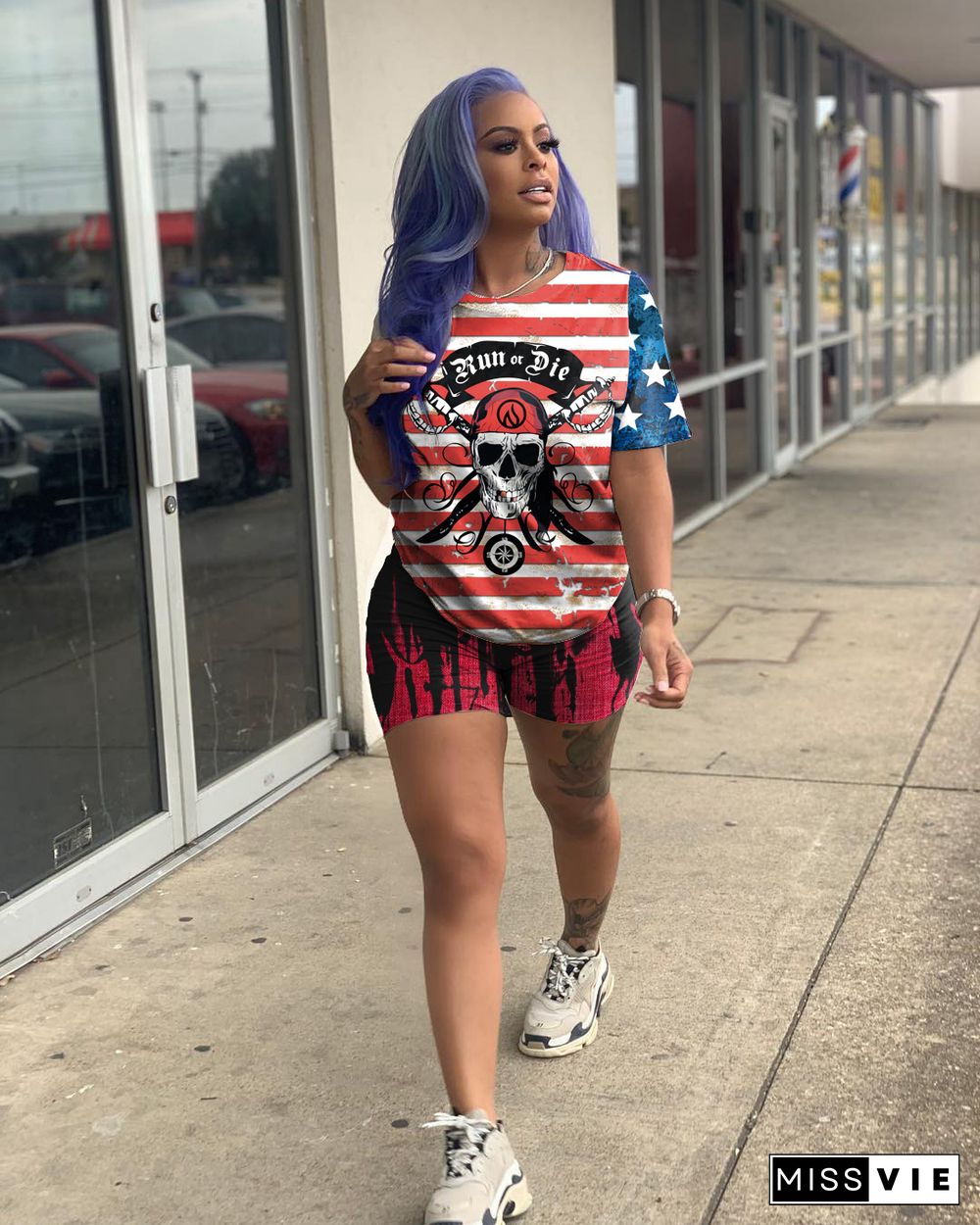 American Independence Day Flag Print Short Sleeve Two-Piece Set