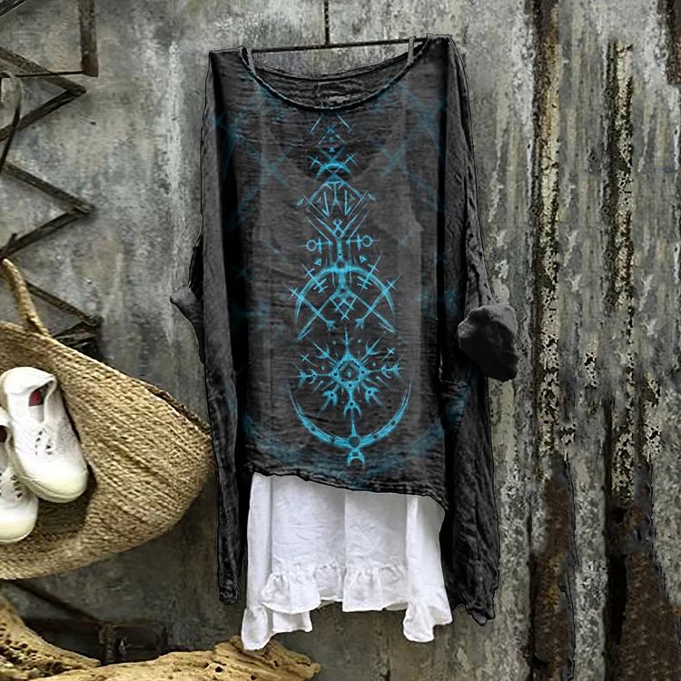 Comstylish Vintage Tribal Viking Pattern Linen Blend Tunic