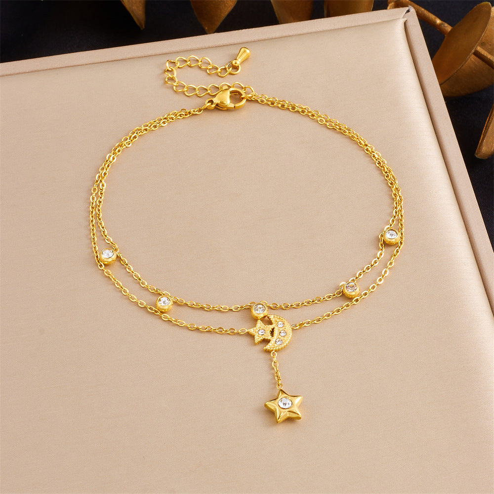 Korean Style Fashion Stacking Double Chain Diamond Cherry Starfish Flower Star Moon Pendant Stainless Steel Anklet Female