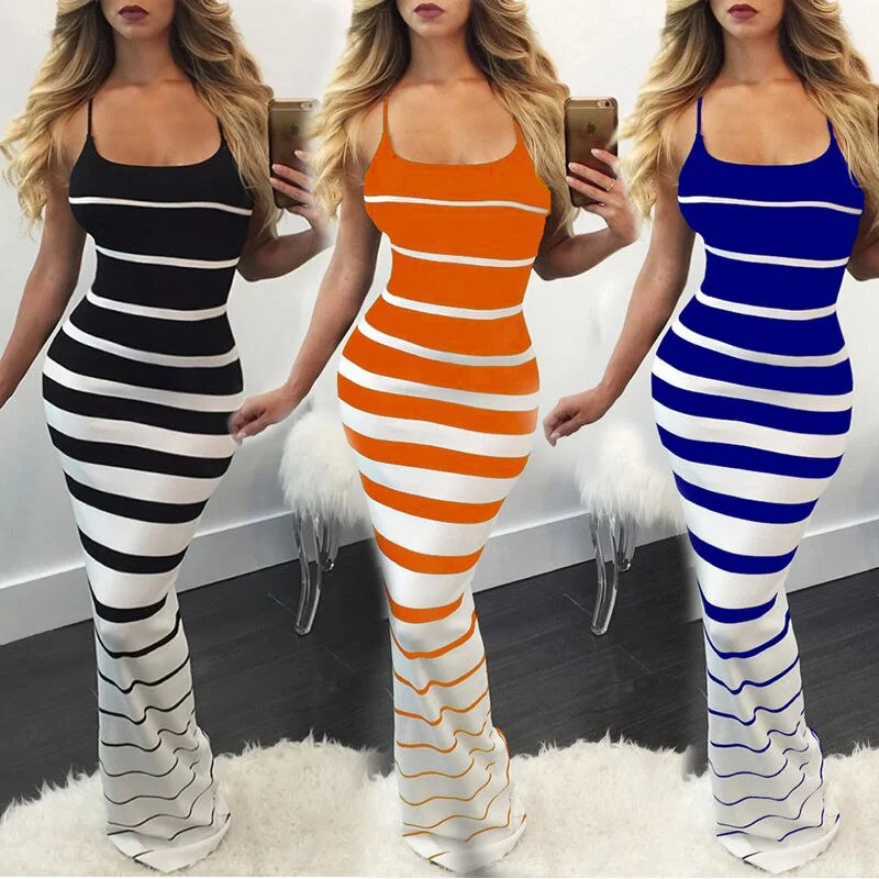 2019 Hirigin New Women Summer Sexy Striped Slim Dress Off Shoulder Casual Bandage Bodycon Evening Party Long Maxi Dress Skinny