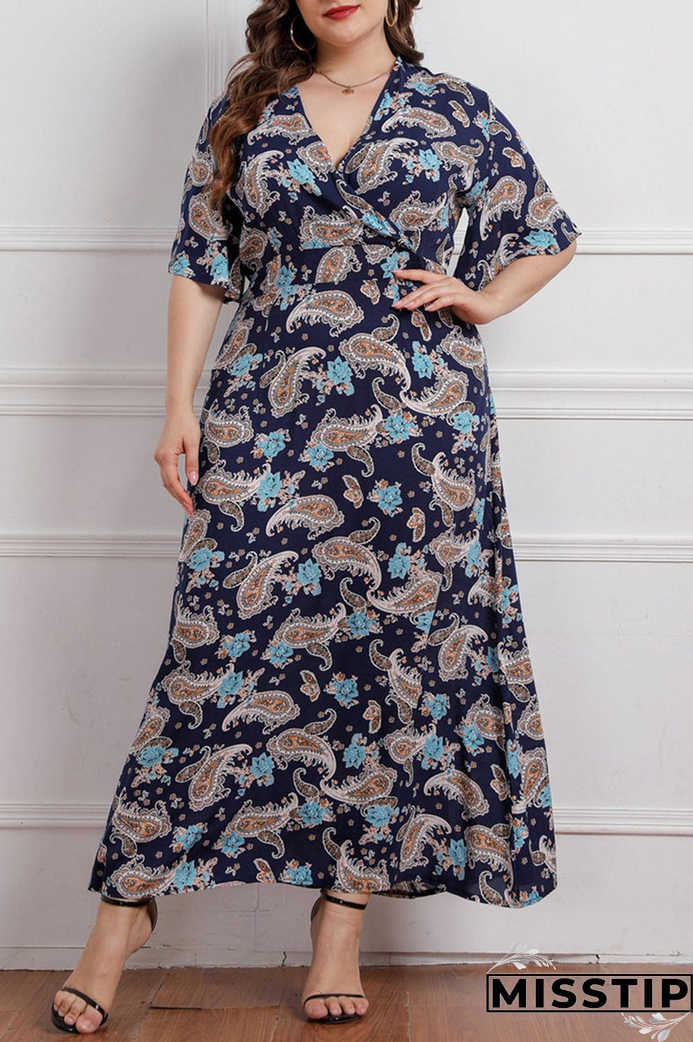 Deep Blue Fashion Casual Plus Size Print Patchwork V Neck Short Sleeve Dress
