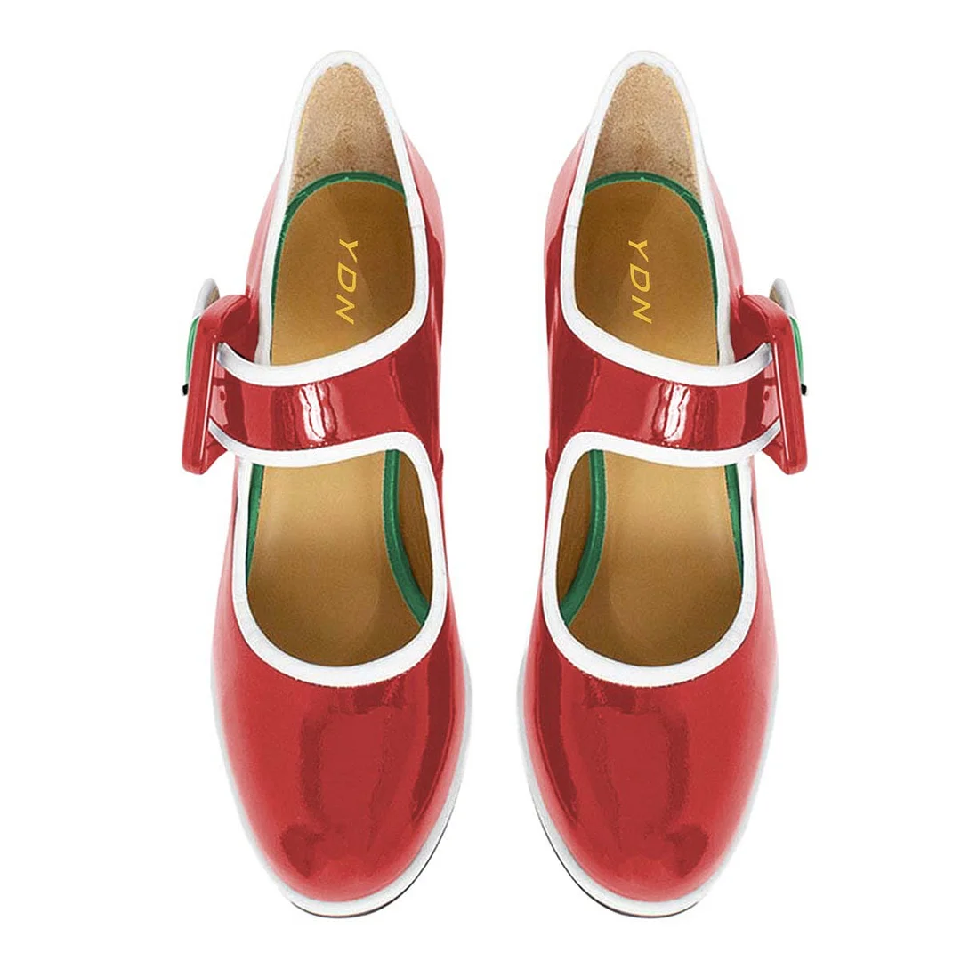 Patent Leather Closed Toe Block Heel Mary Jane Red Pumps with Buckle