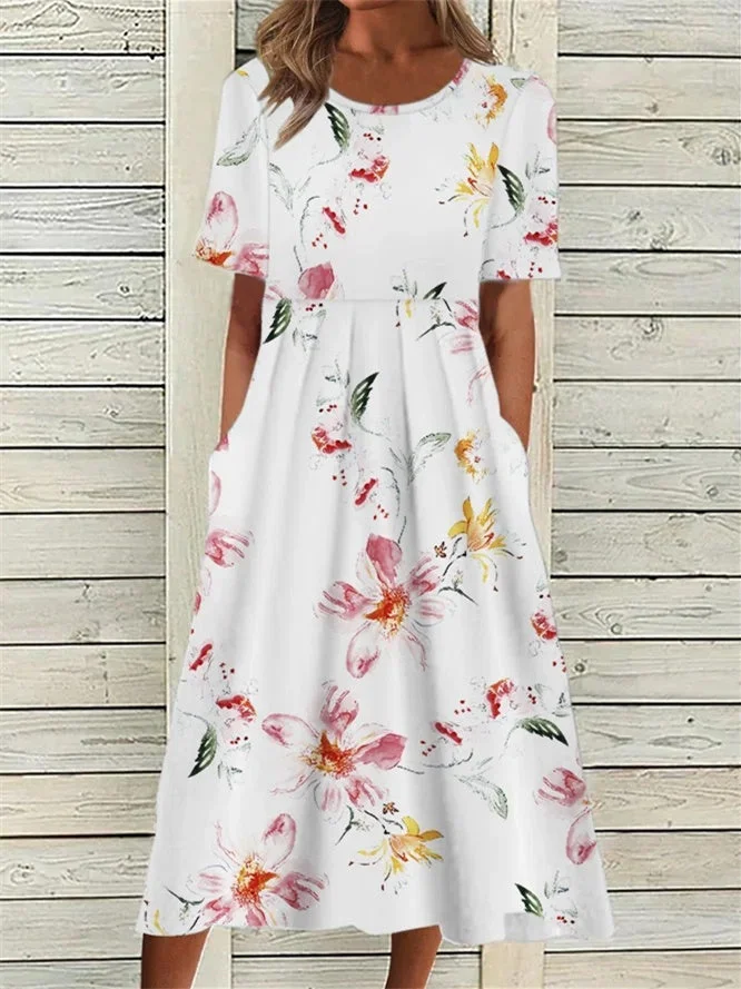 Women Short Sleeve Scoop Neck Graphic Maxi Dress