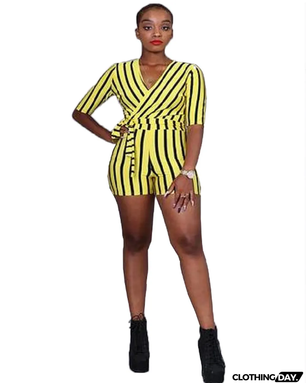 Blue Striped V-Neck Belt Romper