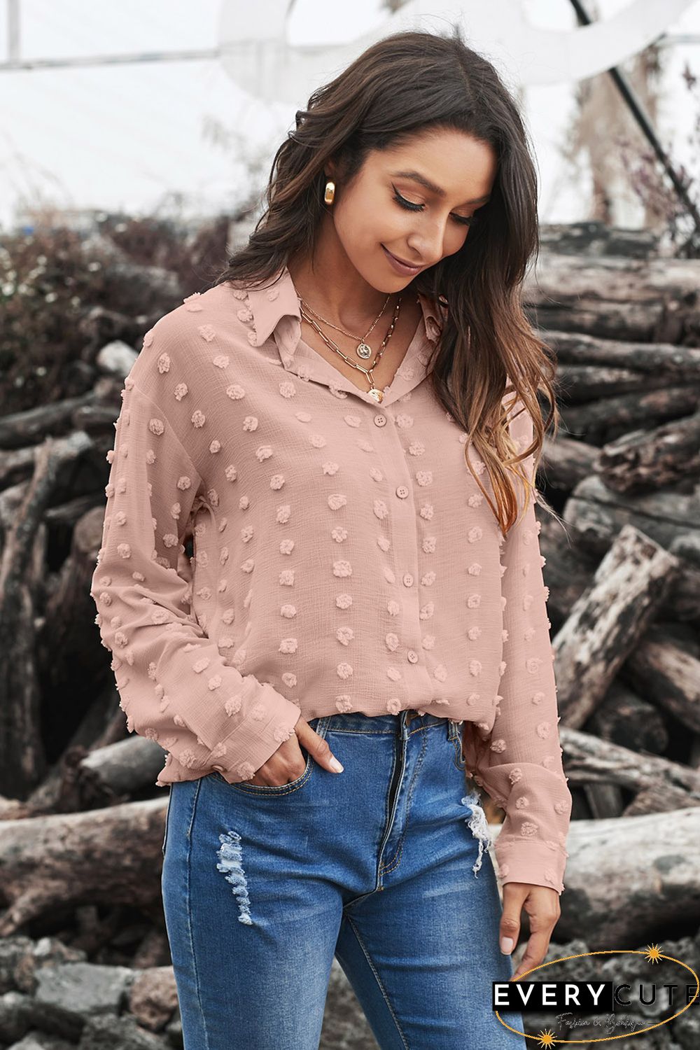 Khaki Long Sleeve Button Fuzzy Polka Dot Shirt