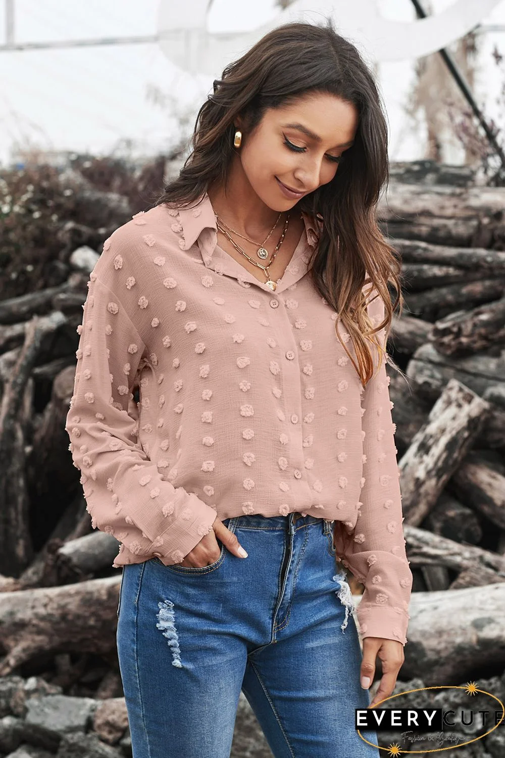 Khaki Long Sleeve Button Fuzzy Polka Dot Shirt