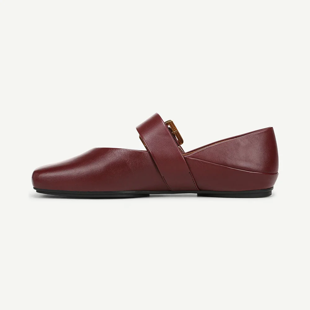 YDN Maroon Faux Leather Square Toe Buckle Strap Mary Jane Flats