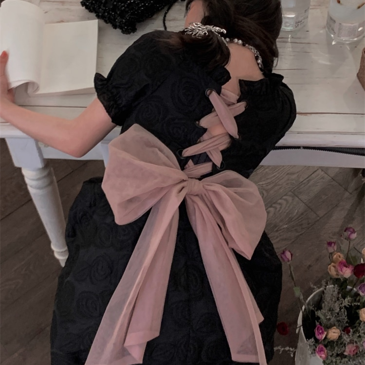 Bow Black Lolita Elegant Gothic Short Party Dress SP18315