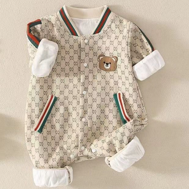 Baby Boy Allover Print Embroideried Mini Bear Romper