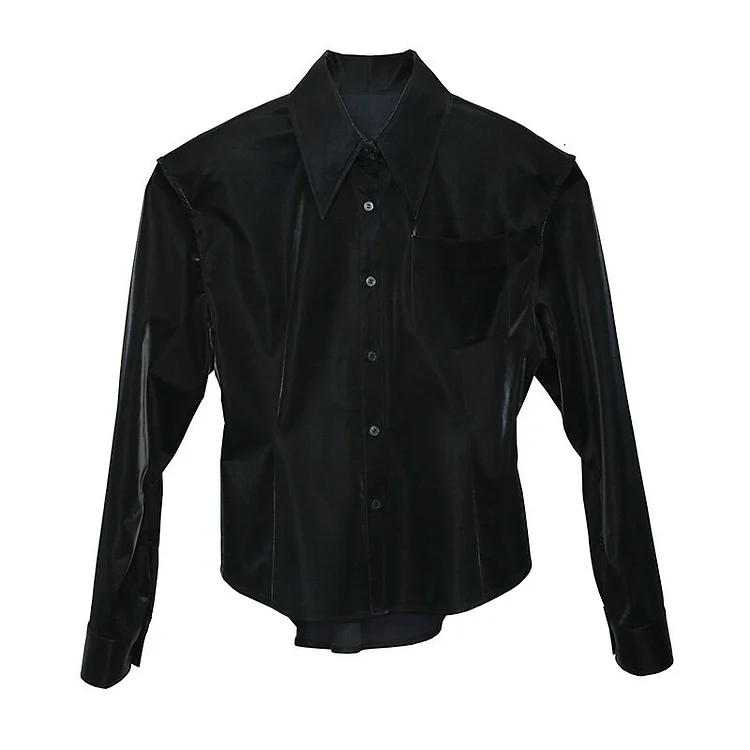Fashion Black Lapel Long Sleeve Pu Leather Shirt 