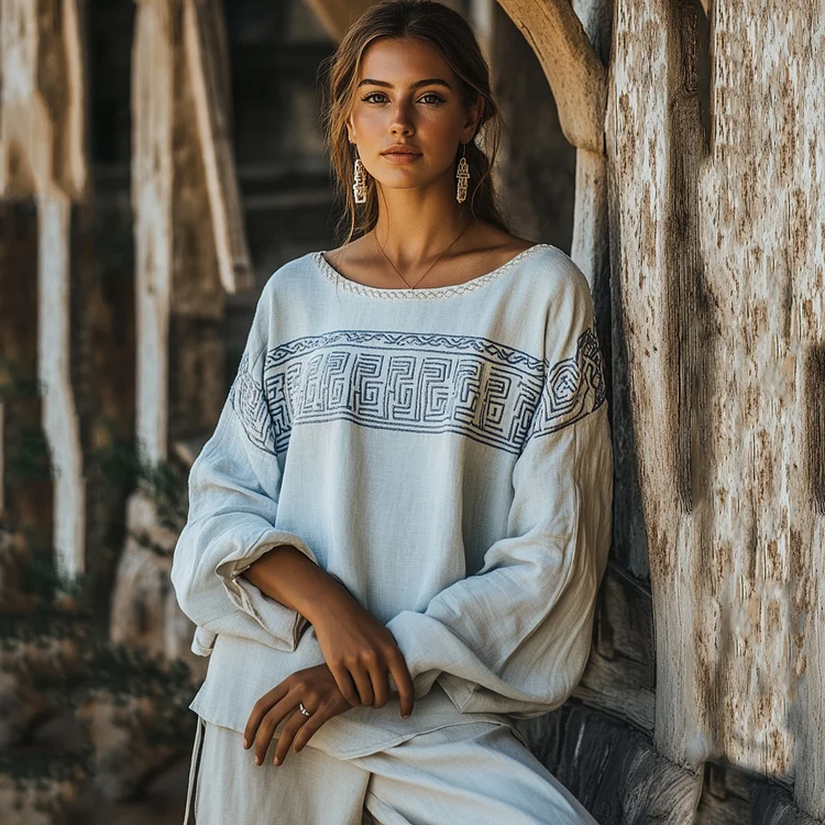 Simpfit Patchwork-Hemd aus Nachahmung aus Baumwolle und Leinen mit Kontrastmuster im Vintage-Stil mit griechischem Schlüsselmotiv