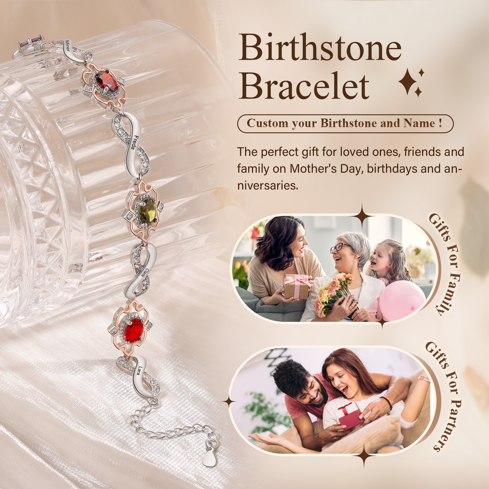 Braccialetto infinito personalizzato con 5 nomi e 4 pietre di nascita per donna