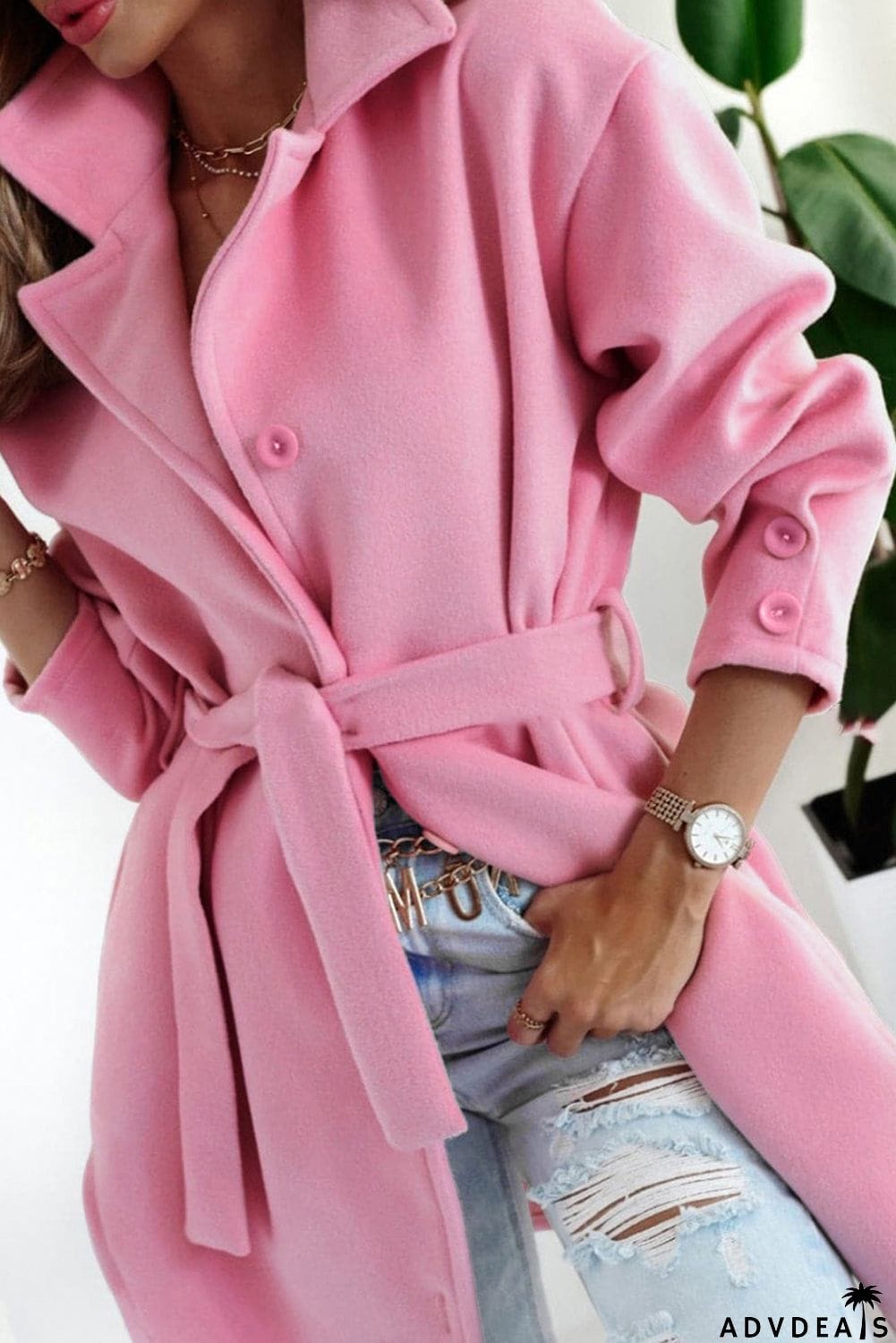 Solid Color Buttoned Coat with Tie