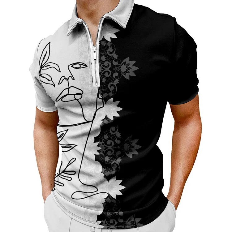 BrosWear Fashion Men's Flower Patchwork Short Sleeve  Polo Shirt