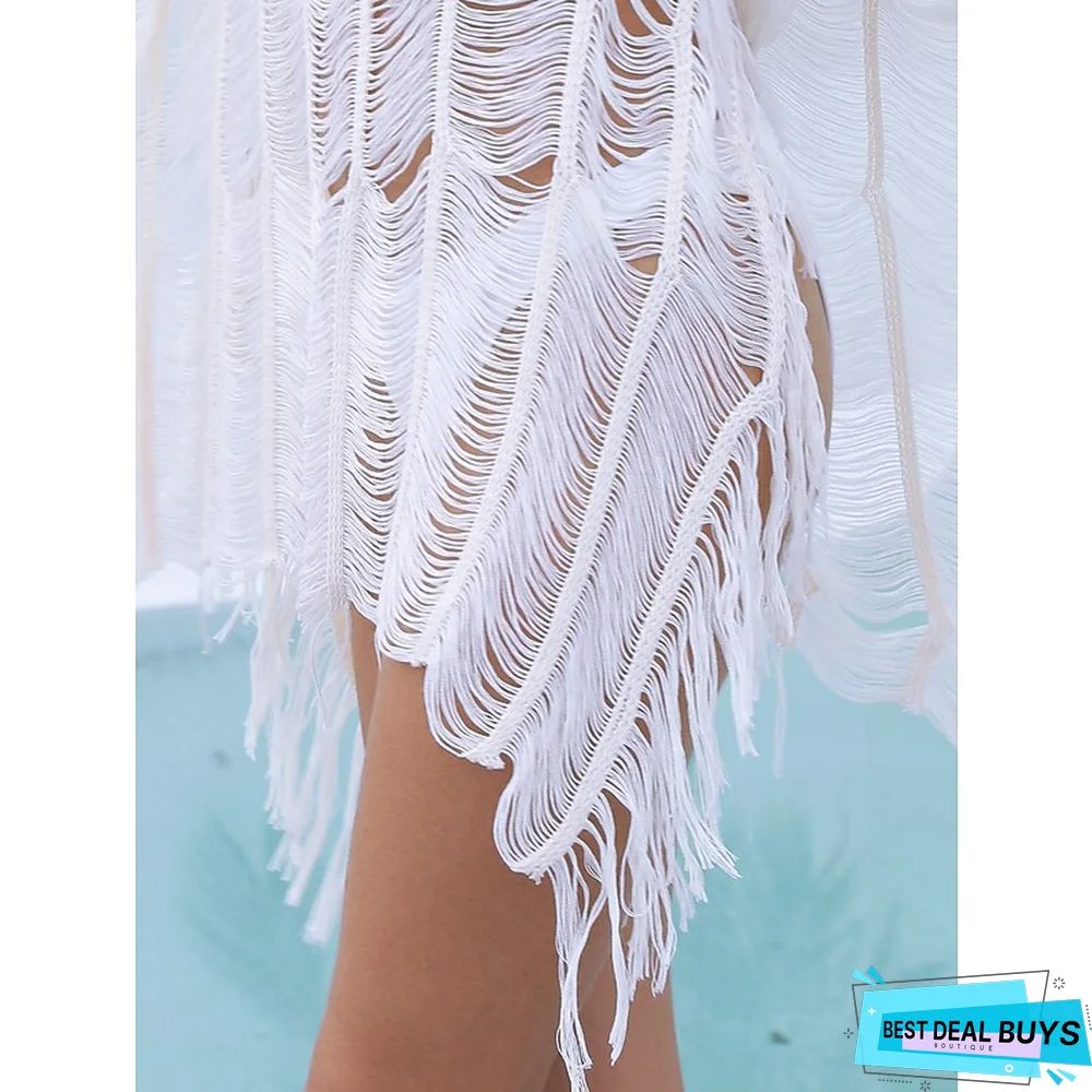 Women's Cover Up Beach Dress Beach Wear Mini Dress Tassel Fringe Hole Cute Casual Plain Crewneck Short Sleeve Loose Fit Outdoor Daily Black White 2023 Spring Summer One Size