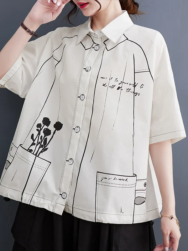 Long Sleeves Loose Floral Printed Split-Joint Split-Side Lapel Blouses&Shirts Tops