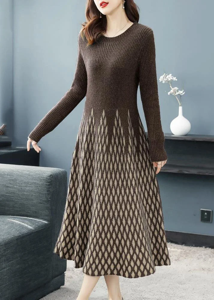Coffee Plaid Knit Sweater Dress Exra Large Hem Long Sleeve