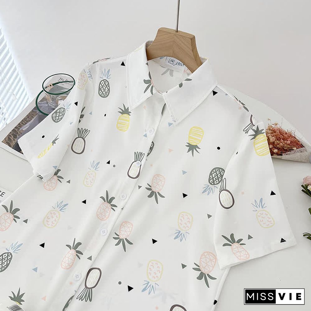 Cartoon Print Lapel Short Sleeve Loose Shirt