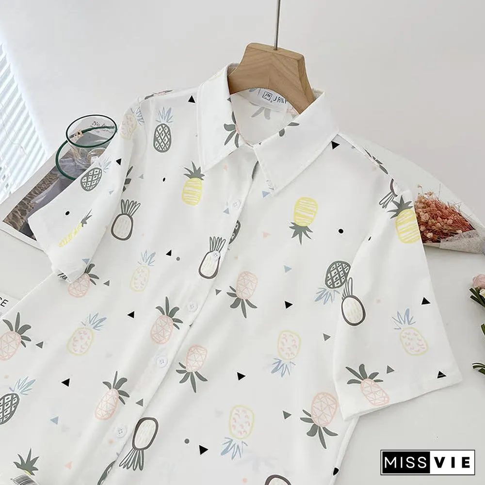 Cartoon Print Lapel Short Sleeve Loose Shirt