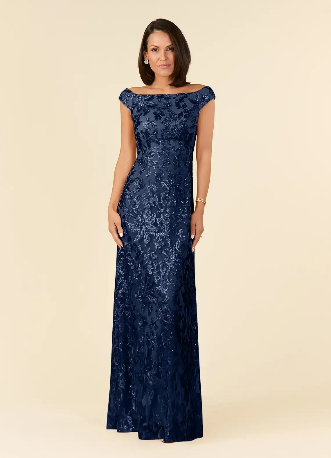 Midnight Blue Off-The-Shoulder Boat Neck Cap Sleeves Long A-Line Mother Of The Bride Dresses | MOD0060 Wellcucu