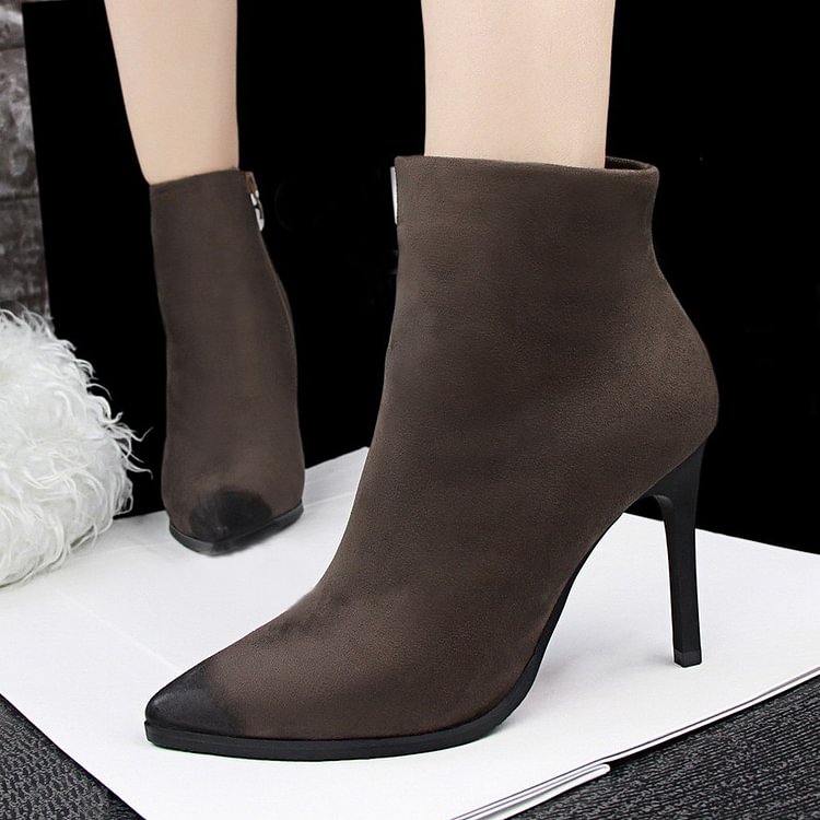Brown Stiletto Boots Pointy Toe Suede Vintage Ankle Booties |FSJ Shoes