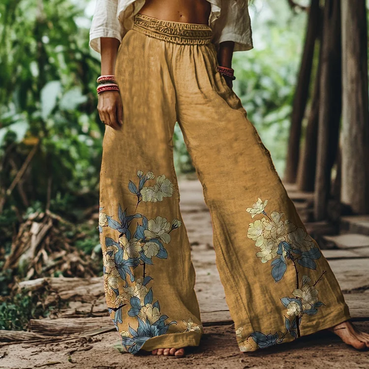 Vintage Japanese Flower Art Print Loose Wide Leg Pants