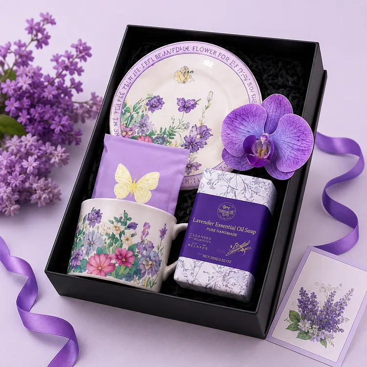 Lavender Butterfly Luxury Gift Set &ndash; Floral Tea Cup & Saucer, Handmade Lavender Soap, Butterfly Sachet & Personalized Orchid Card Gift Box