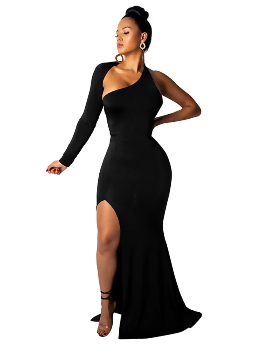 Women's Evening Dress Backless One Shoulder High Split Maxi Dress