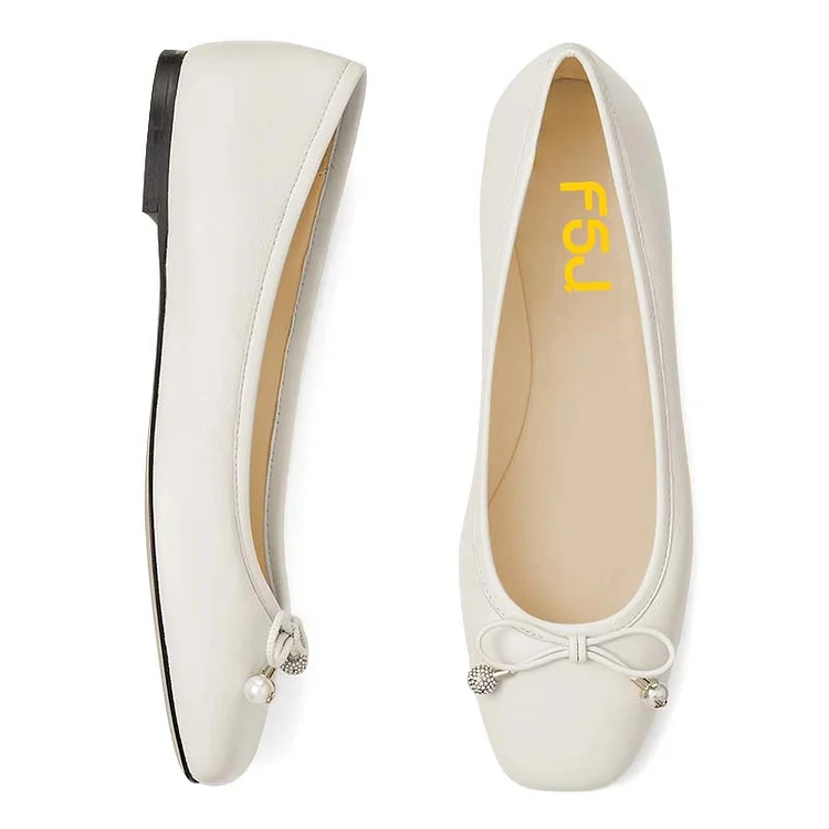 Classic White Flat Pump Women'S Square Toe Bow Shoes Summer Casual Flats |FSJ Shoes