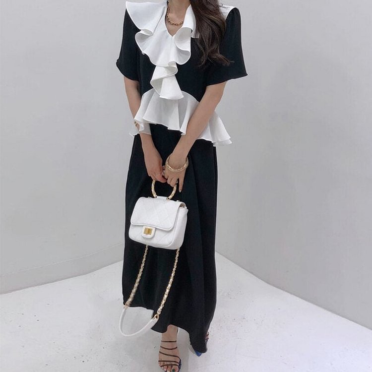 French elegant design sense ruffled contrast color dress women - BlackFridayBuys