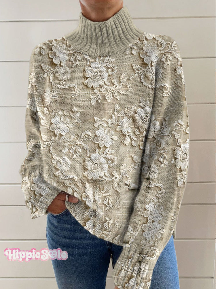 Women’s Vintage Lovely Floral Art Print Knit Turtleneck Pullover Sweater Multicolor / S