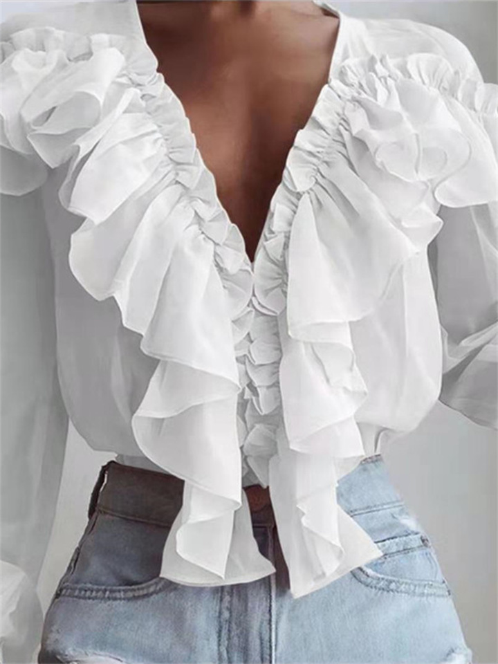 Ruffle Loose Type V-neck Pullover Chiffon Shirt White Solid Color Top