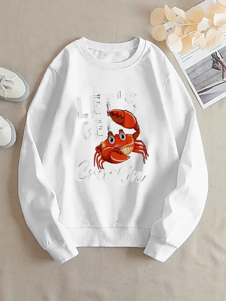 Women's Casual Crew Neck Sweatshirt With Cartoon Crab Design - "Let's Get Crankin'" Graphic, Black, Short Sleeve, Summer Style, Comfortable Fabric, Perfect Gift For Her, Casual Summer Wear | Fun Graphic Sweatshirt | Comfortable Fit